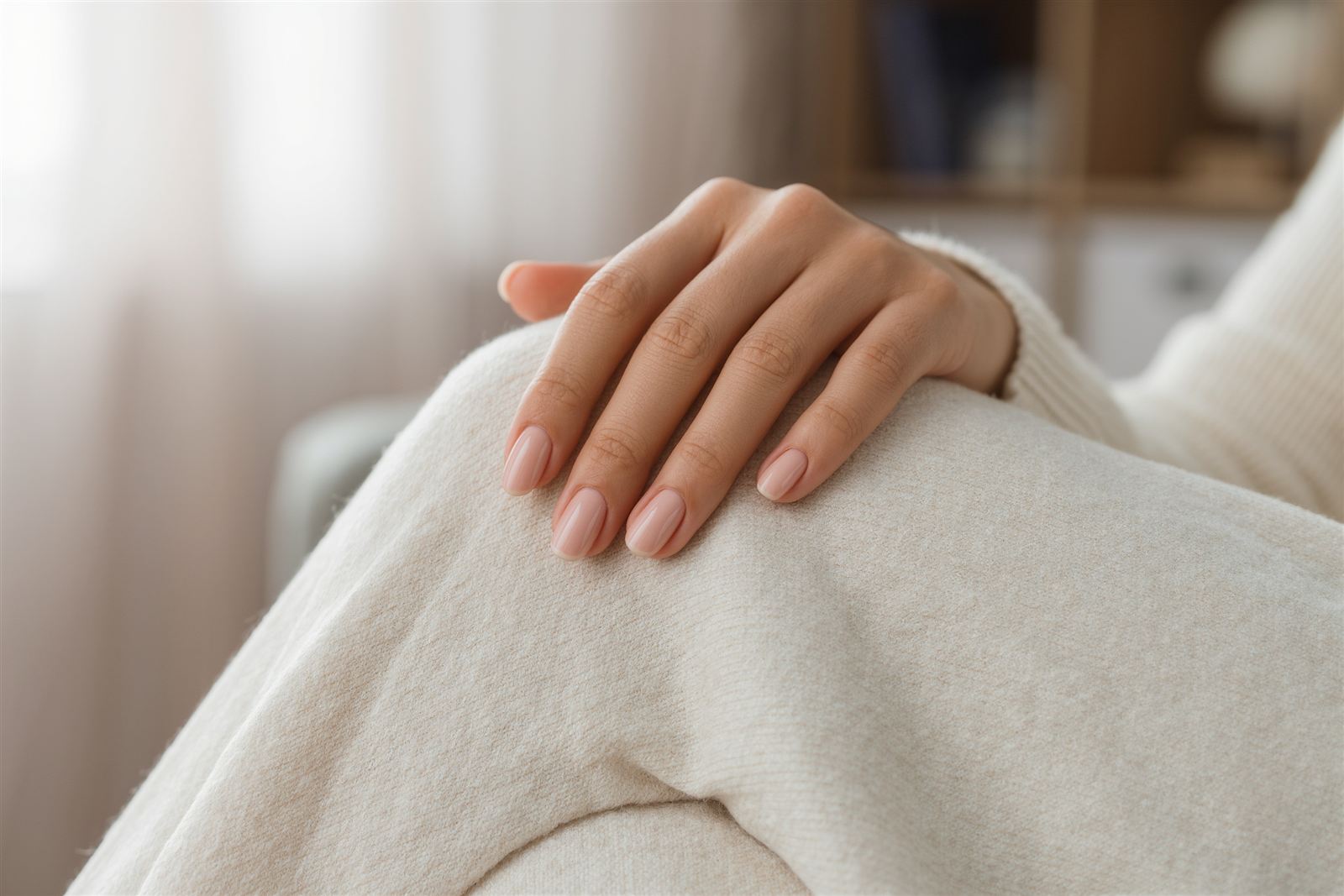 A relaxed hand with blush pink nails resting on a cream knit sweater