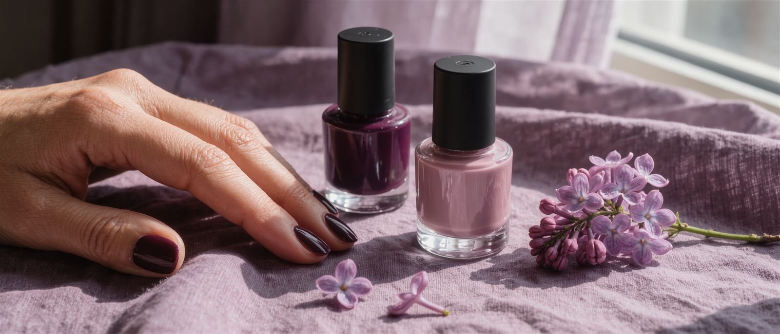 A hand with glossy plum nail polish resting on lilac linen beside small polish bottles and a lilac sprig