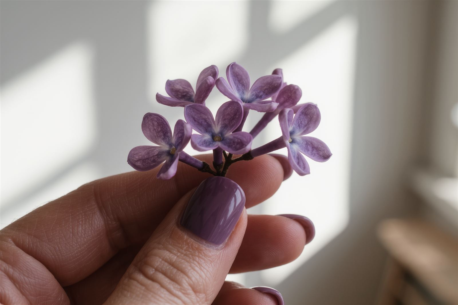 A hand with glossy plum nails holding a small bunch of lilac flowers